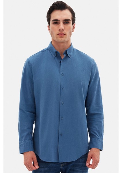 Ds Damat Comfort Indigo Düğmeli Yaka Rahat Kesim Keten Görünümlü Pamuk Gömlek 2HC02ORT64265