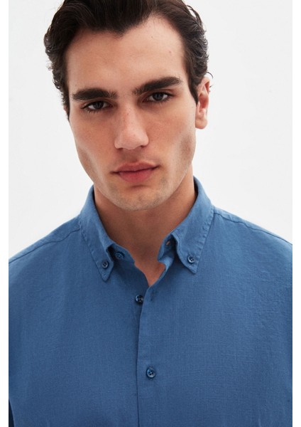 Ds Damat Comfort Indigo Düğmeli Yaka Rahat Kesim Keten Görünümlü Pamuk Gömlek 2HC02ORT64265 fiyatları