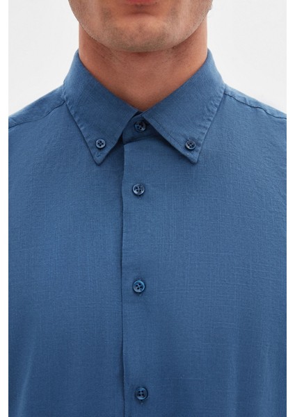 Ds Damat Comfort Indigo Düğmeli Yaka Rahat Kesim Keten Görünümlü Pamuk Gömlek 2HC02ORT64265 modelleri