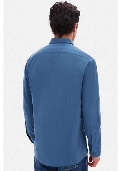 Ds Damat Comfort Indigo Düğmeli Yaka Rahat Kesim Keten Görünümlü Pamuk Gömlek 2HC02ORT64265 indirimleri