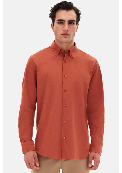Ds Damat Comfort Kiremit Düğmeli Yaka Rahat Kesim Keten Görünümlü %100 Pamuk Gömlek