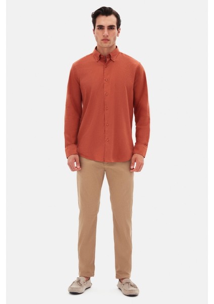 Ds Damat Comfort Kiremit Düğmeli Yaka Rahat Kesim Keten Görünümlü %100 Pamuk Gömlek fiyatları
