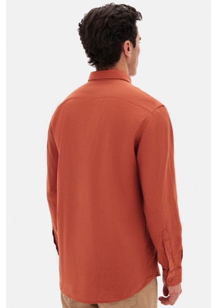 Ds Damat Comfort Kiremit Düğmeli Yaka Rahat Kesim Keten Görünümlü %100 Pamuk Gömlek modelleri