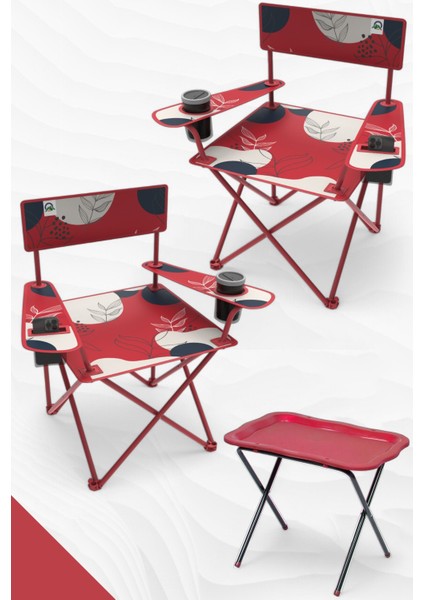 Qufi Katlanır Kamp Piknik Sandalyesi Rejisör Koltuğu 2 Adet + Kamp Sehpası Set - Kırmızı