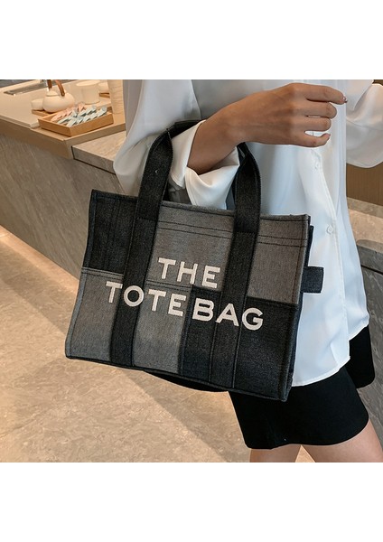 Yeni Işlemeli Harfli El Çantası Çapraz Askılı Çanta Kot Mavi Retro Dikişli Tote Çanta (Yurt Dışından)