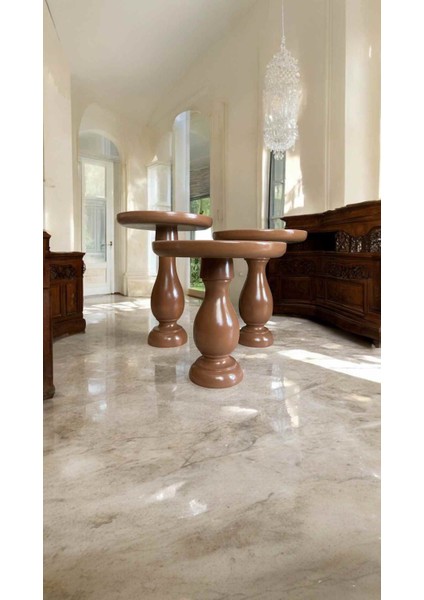 Kahverengi Mantar Sehpa Takımı 3'lü | Ahşap Yuvarlak Yan Sehpa Seti