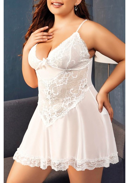 Büyük Beden Beyaz Dantel Işlemeli Ince Askılı Gecelik fiyatları