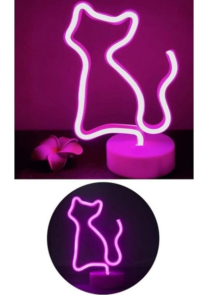 Pembe Kedi Neon LED Masa ve Gece Lambası, USB ve Pil ile Kullanılır.