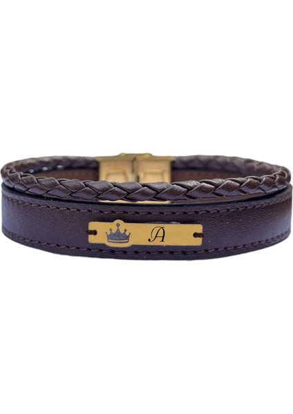 14 Ayar Altın Plakalı A Harfine Özel Taç Figürlü Doğal Kahverengi Derili Hediye BILEKLIK-575HARF fiyatları