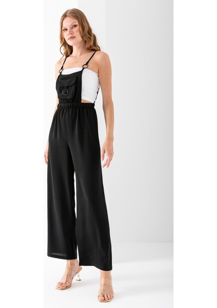 Kadın Önü Kapak Cepli Aerobin Tulum Siyah - 7023