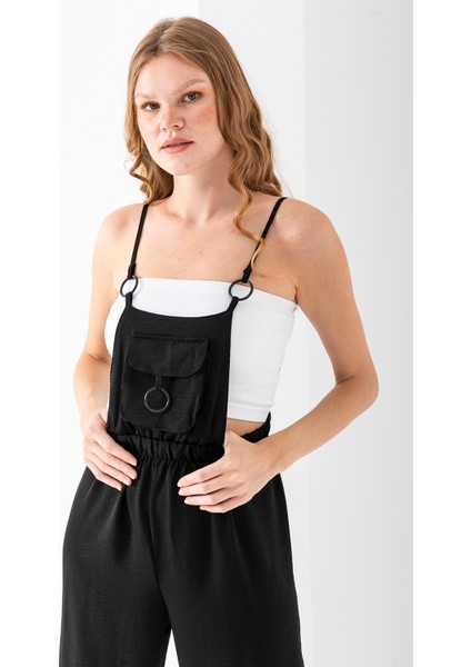 Kadın Önü Kapak Cepli Aerobin Tulum Siyah - 7023