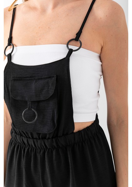 Kadın Önü Kapak Cepli Aerobin Tulum Siyah - 7023