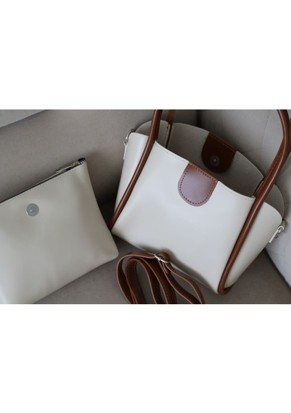Şık Kadın Küçük Çapraz Askılı ve El Çantası, Deri Görünümlü, Beyaz Renk