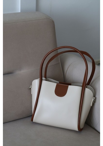 Şık Kadın Küçük Çapraz Askılı ve El Çantası, Deri Görünümlü, Beyaz Renk