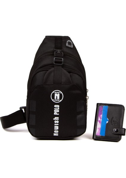 Siyah Omuz Çantası ve Suni Deri Kartlık Seti