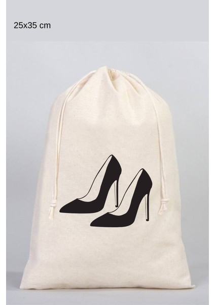 Baskılı Çanta ve Topuklu Ayakkabı Organizeri, Ham Bez Kese, 25X35 Cm, Ekru