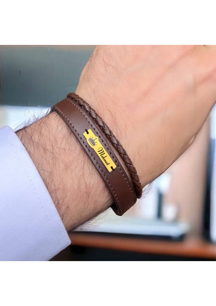 14 Ayar Altın Plakalı Mehmet Ismine Özel Taç Figürlü Kahverengi Derili Hediye BILEKLIK-575ISIM