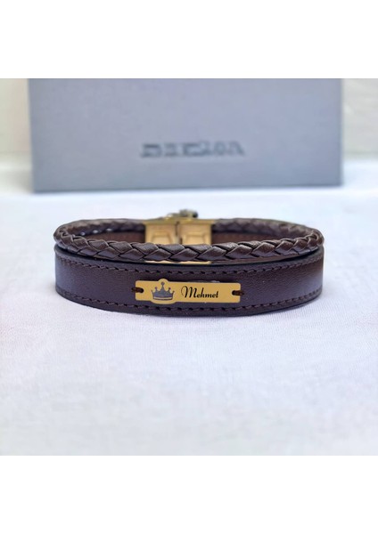 14 Ayar Altın Plakalı Mehmet Ismine Özel Taç Figürlü Kahverengi Derili Hediye BILEKLIK-575ISIM fiyatları