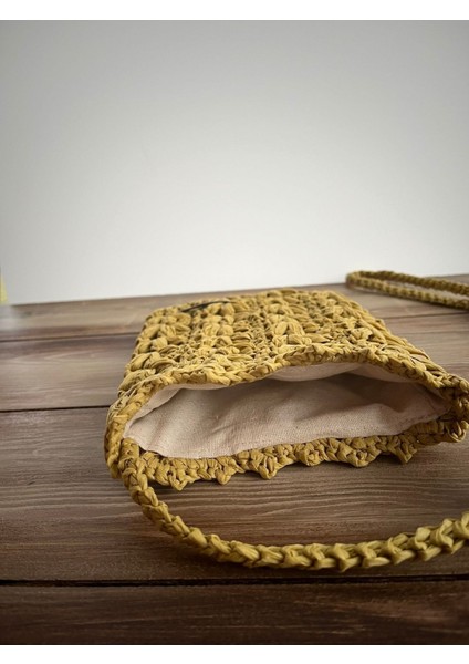 El Örgüsü Hardal Fıstıklı Hasır Telefon Çantası, Astarlı, Rahat ve Şık Omuz Çantası fırsatları