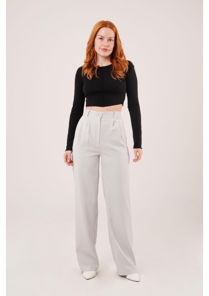 Bol Paça Piliseli Gri Pantolon
