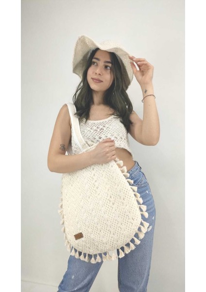 Keten Örme Kadın Omuz Çantası, Bej Renk, Şık ve Hafif Tasarım