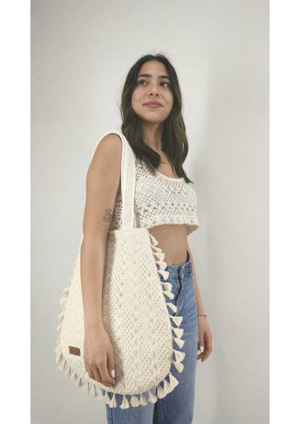 Keten Örme Kadın Omuz Çantası, Bej Renk, Şık ve Hafif Tasarım indirimleri