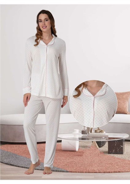 Dvina Effortt Lohusa Puantiyeli Pijama Takımı Ekru - Pembe - 6018