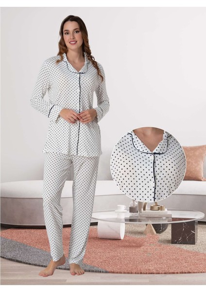 Dvina Effortt Lohusa Puantiyeli Pijama Takımı Ekru - Lacivert - 6018