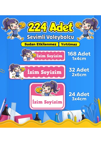 Voleybol Temalı Okul Kreş Kişiye Özel Isim Etiket Seti - Model 548