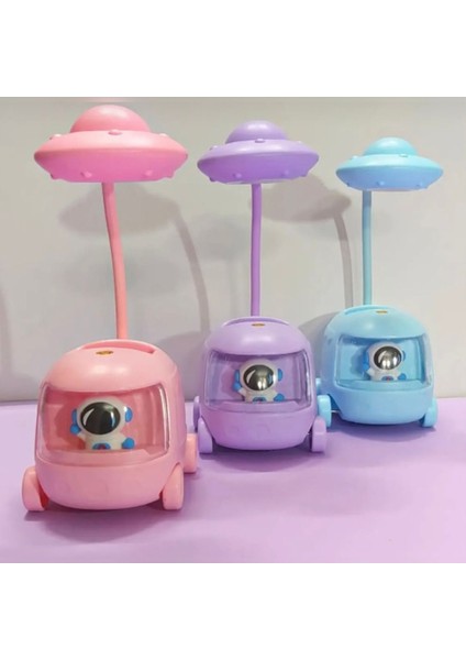 Pembe Uzay Temalı Çocuk Masa Lambası, 4 Mod, LED Işıklı, Şarjlı, Kalemlikli