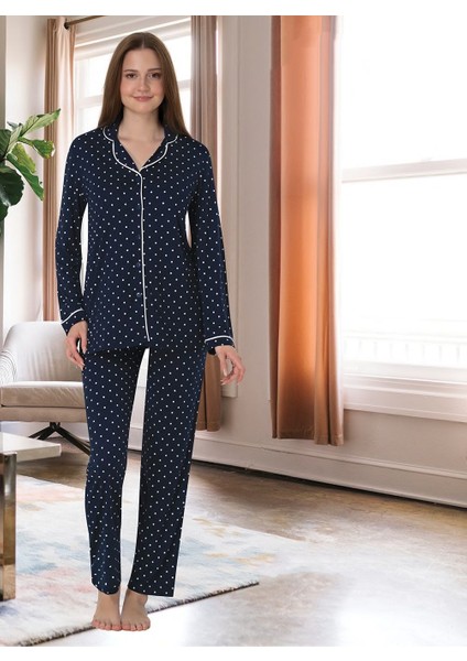 Dvina Effortt Lohusa Beyaz Puantiyeli Pijama Takımı Lacivert - 6018