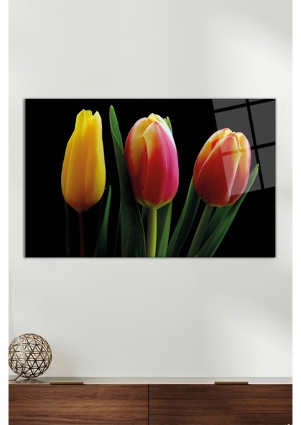 Kırmızı Sarı Laleler Yatay Cam Tablo, Modern Ev Ofis Dekoru Hediyelik Duvar Dekorasyonu Kırılmaz Cam