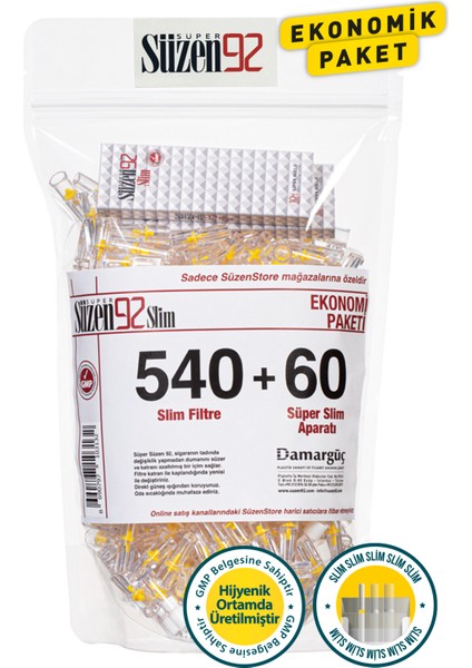 Süzen92 540 Slim Sigara Filtresi Ağızlık + 60 Ultra Slim Adaptör Ekonomik Paket + 1 Adet 10’lu Taşıma Kutusu Hediye