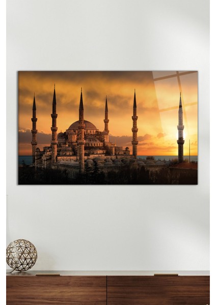 Gün Batımında Sultanahmet Camii Yatay Cam Tablo, Modern Ev Ofis Dekoru, Hediyelik Duvar Dekorasyonu
