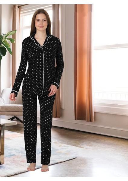 Dvina Effortt Lohusa Beyaz Puantiyeli Pijama Takımı Siyah - 6018