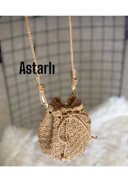 El Yapımı Örgü Hasır Çanta, Kadın Omuz ve Plaj Çantası, Astarlı, Haki Renk