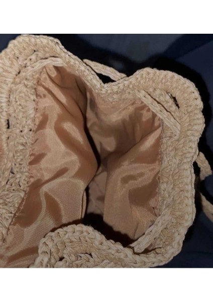 El Yapımı Örgü Hasır Çanta, Kadın Omuz ve Plaj Çantası, Astarlı, Haki Renk modelleri