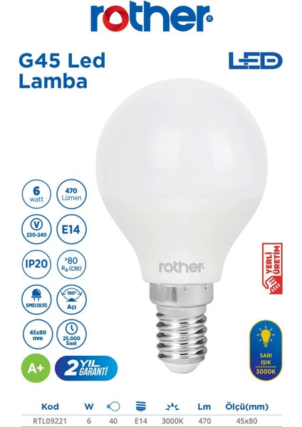 RTL09221-5 Rother G45 LED Ampul 6W E14 470 Lümen 3000K Sarı Işık Enerji Tasarruflu Ampul 5 Adet fiyatları