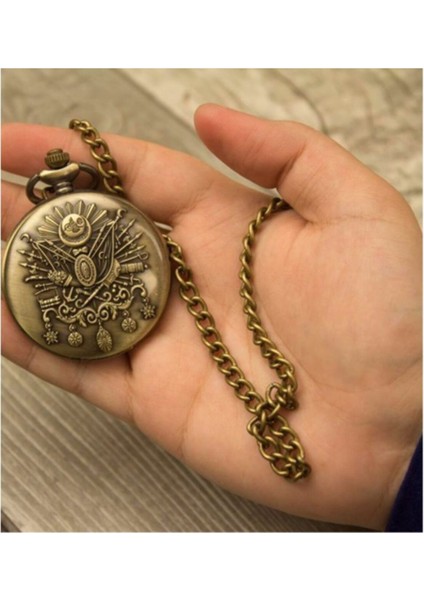 Krem Renkli Osmanlı Arma Kabartmalı Quartz Köstekli Saat