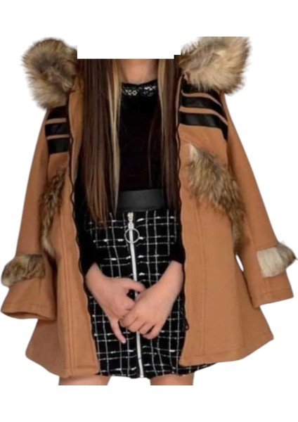 Kız Çocuk Kürk Detaylı Kapüşonlu Kahverengi Kaşe Mont