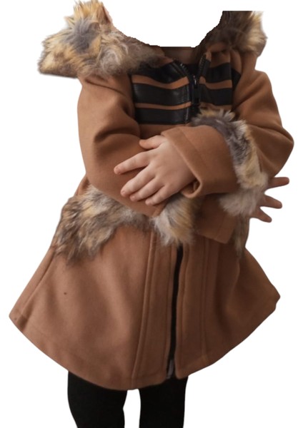 Kız Çocuk Kürk Detaylı Kapüşonlu Kahverengi Kaşe Mont modelleri