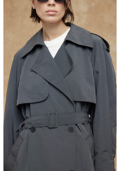 Teknik Kumaş Oversize Trenckot Antrasit