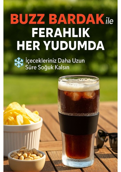 Buzz Bardak – 470 ml Aktif Jel Soğutmalı Cam Bardak | Silikon Tutuş Bantlı Siyah