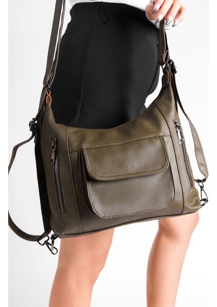 Haki Renk Yumuşak Yıkanmış Deri Çok Amaçlı Kadın Çanta