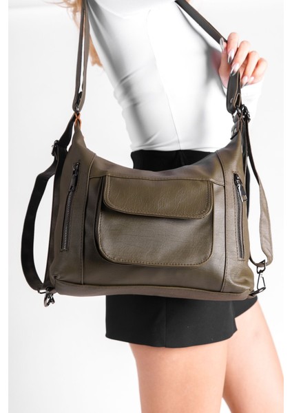 Haki Renk Yumuşak Yıkanmış Deri Çok Amaçlı Kadın Çanta