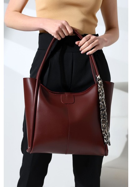 Bordo Leopar Detaylı Fermuarlı Kadın Deri Omuz Çantası, Şık ve Zarif Büyük Boy Çanta fırsatları