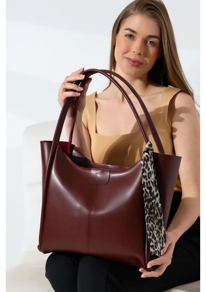 Bordo Leopar Detaylı Fermuarlı Kadın Deri Omuz Çantası, Şık ve Zarif Büyük Boy Çanta
