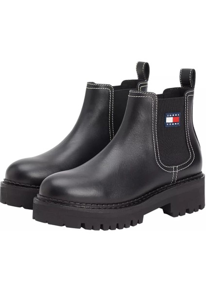 Kadın Deri Kontrast Dikişli Chelsea Bot - Siyah