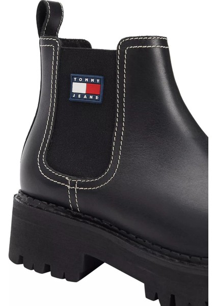 Kadın Deri Kontrast Dikişli Chelsea Bot - Siyah