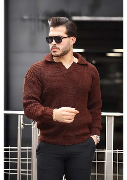 Oversize Gömlek Polo Yaka Selanik Örgülü Erkek Triko Kazak - Kahve modelleri